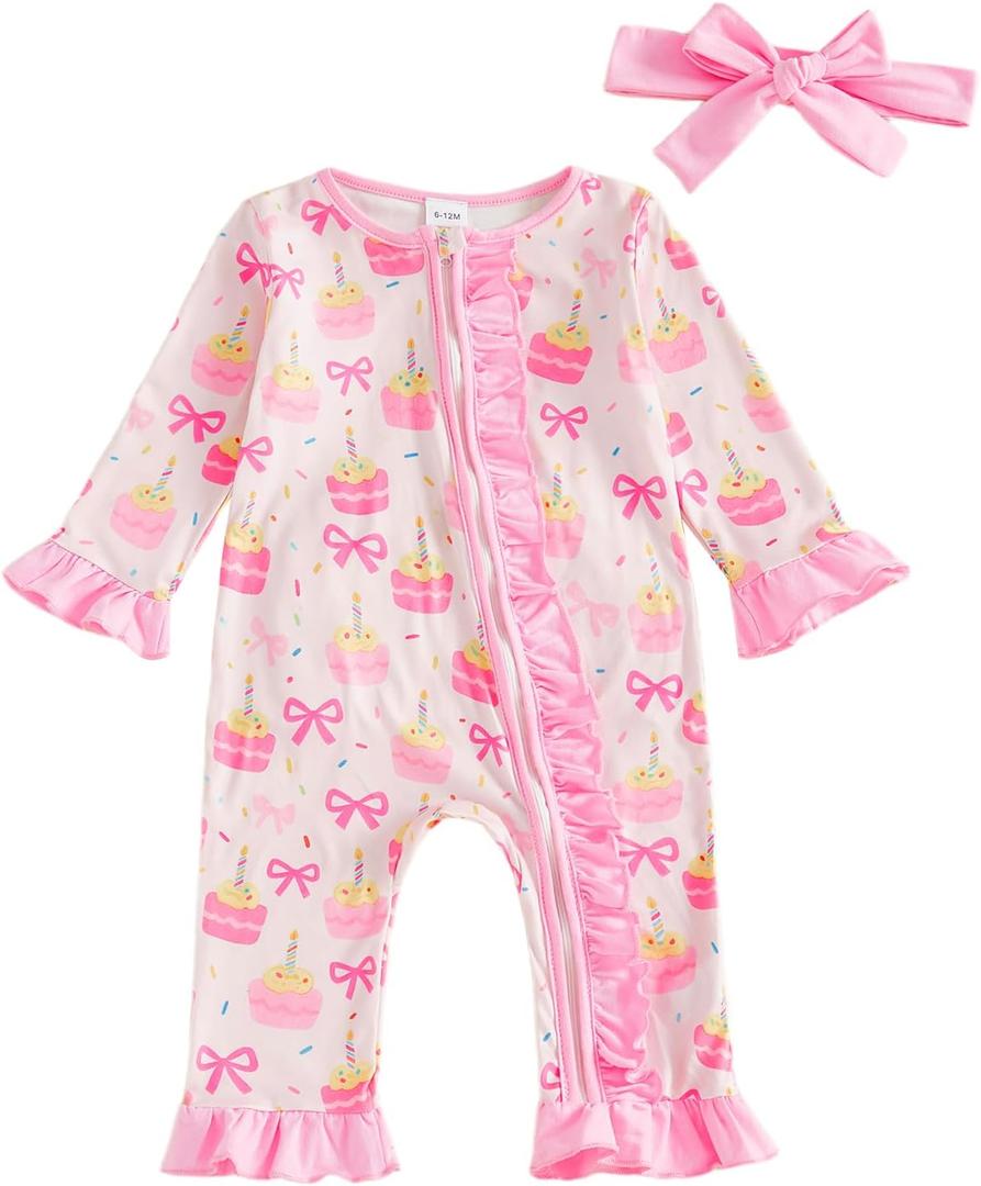 Toddler Baby Girl Birthday Outfit Ruffle Cake Bow Print Romper Zipper Birthday Girl Jumpsuit Headband (12-18 Months, Pink)