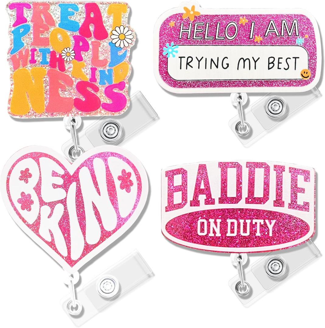 4 Pieces Cute Badge Reel Retractable Badge Holders with ID Clip Funny Pink Nurse Badge Reels MA CNA RN LPN Healthcare Badge Reel Nursing Accessories for Work
