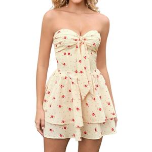 XinFSh Women's Summer Floral Strapless Tube Mini Dress Flowy A Line Tie Front Ruffle Beach Vacation Short Boho Sundress (Beige, S)