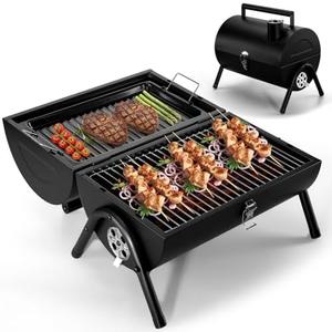 Joyfair Portable Charcoal Grill (2 IN 1 Double-Sided), Small Tabletop Barbecue Grill with Food Tray & Rack for Outdoor Camping Home Patio BBQ Grilling, Heavy Duty & Multi-use, Easy Assembly (230Sq.in)