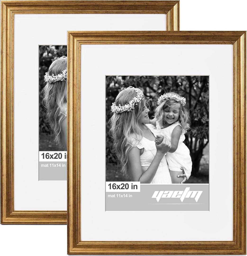 Yaetm 16x20 Picture Frame Matted to 11x14 Set of 2, 1.4” Wide Molding & Rustic Gold Poster Frames 16 x 20 for Wall Gallery, Home and Office, Wall Mount (2 pack, Gold)