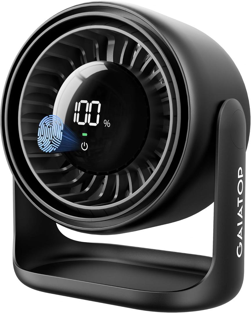 Gaiatop Desk Fan with Touch Control, 4000mAh Battery, 5 Speeds Ultra Quiet Bedroom Fan with LED Display, 90 Tilt, 7.7 Inch USB-C Rechargeable Desktop Fan for Dorm Office Room Home Office, Black
