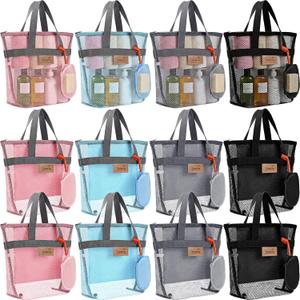 Patelai 12 Set Large Mesh Shower Caddy Bags, Sandproof Beach Tote Bulk with Soap Bag 12.2 x 10.2 Inch Hanging Toiletry Bath Organizer with Zipper & Handle for Gym Beach Dorms Travel Essentials