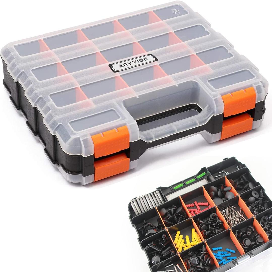 Anyyion Small Parts Organizer, 34-Compartments Double Side parts organizer with Removable Dividers for Hardware, Screws, Bolts, Nails, Beads, Jewelry. (Orange)