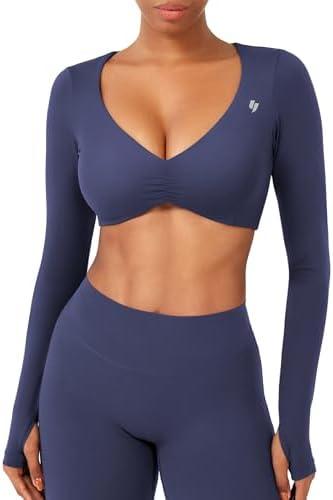 YEOREO Long Sleeve Crop Tops for Women Agantha Deep V Neck Ruched Padded Workout Gym Cropped T Shirt Top with Thumb Holes, M