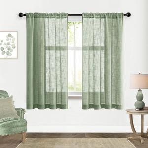 Light Green Curtains 63 Inch Length for Nursery Boy,Boho Neutral Linen Look Window Curtain Sheers Drapes 63 Inches Long 2 Panels Set for Bedroom,Rod Pocket,Sage