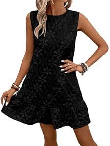 Women's Ruffle Hem Jacquard Dress Casual Sleeveless Tank Floral Mini Dress Smock Wedding Guest Dresses (Black, XX-Large)