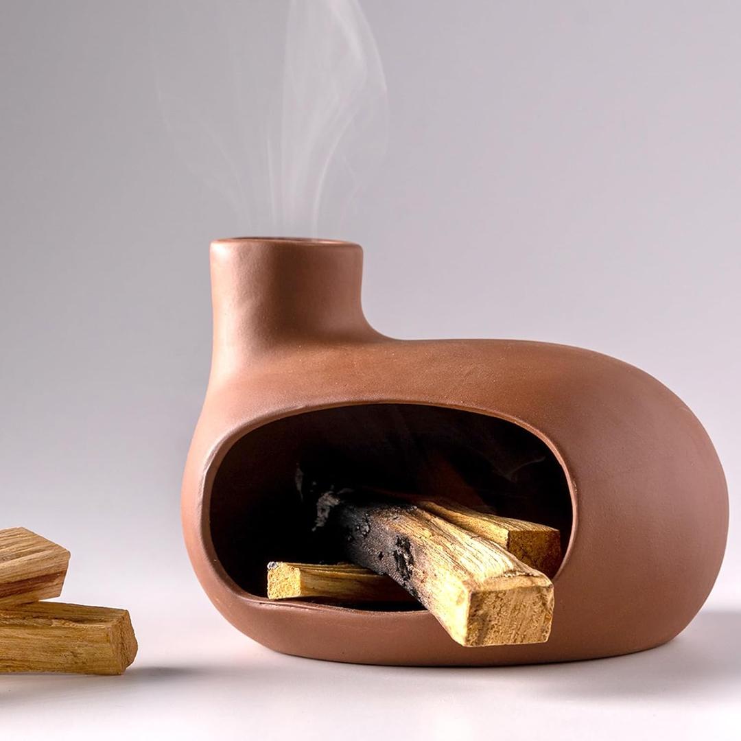 Terracotta Palo Santo Holder - Modern Chiminea Incense Burner for Yoga, Meditation, and Energy Cleansing - Wood Sticks Dish, Sage Ash Catcher, Smudge Bowl, Cone Burner - Unique Meditation Gift (Matte Clay,Terracotta)