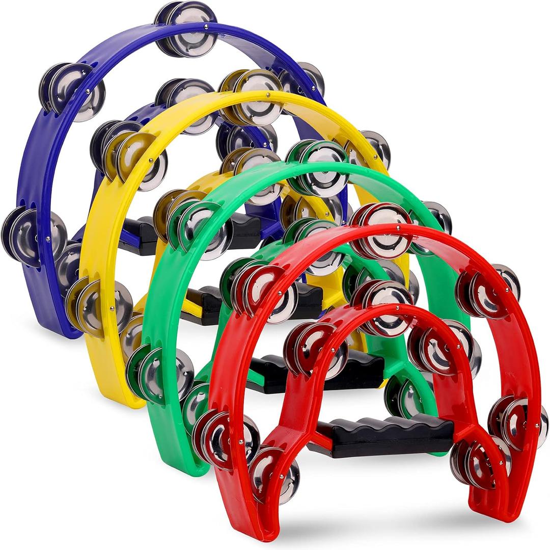 4 Pack 10 Double Row Tambourine, Half Moon Musical Tambourine 20 Metal Jingles Hand Held Percussion Drum, Panderos Para Adultos, Plastic Tambourines for Adults, Church, KTV, Party, Multicolored