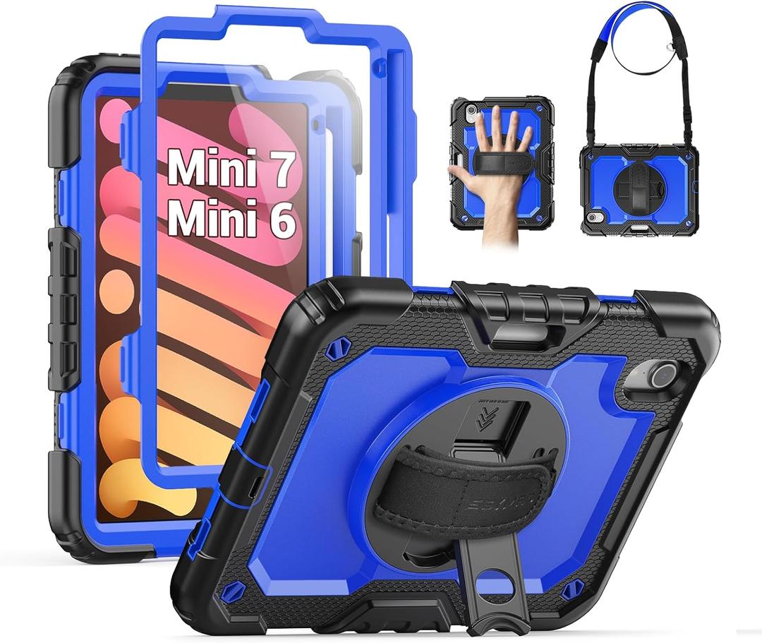 SEYMAC Case for iPad mini 7 (A17 Pro) 2024/ Mini 6 8.3, Full-Body Shockproof Protective Case with Screen Protector, Rotating Stand, Hand/Shoulder Strap for iPad mini 7th/ 6th Generation, Dark Blue