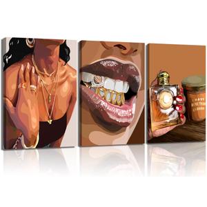 3Pcs Trendy Black Girl Canvas Wall Art Fashion African American Women Pictures Abstract Luxury Female Poster Prints Painting Wall Decor for Living Room Bedroom Bathroom 16x24in Framed