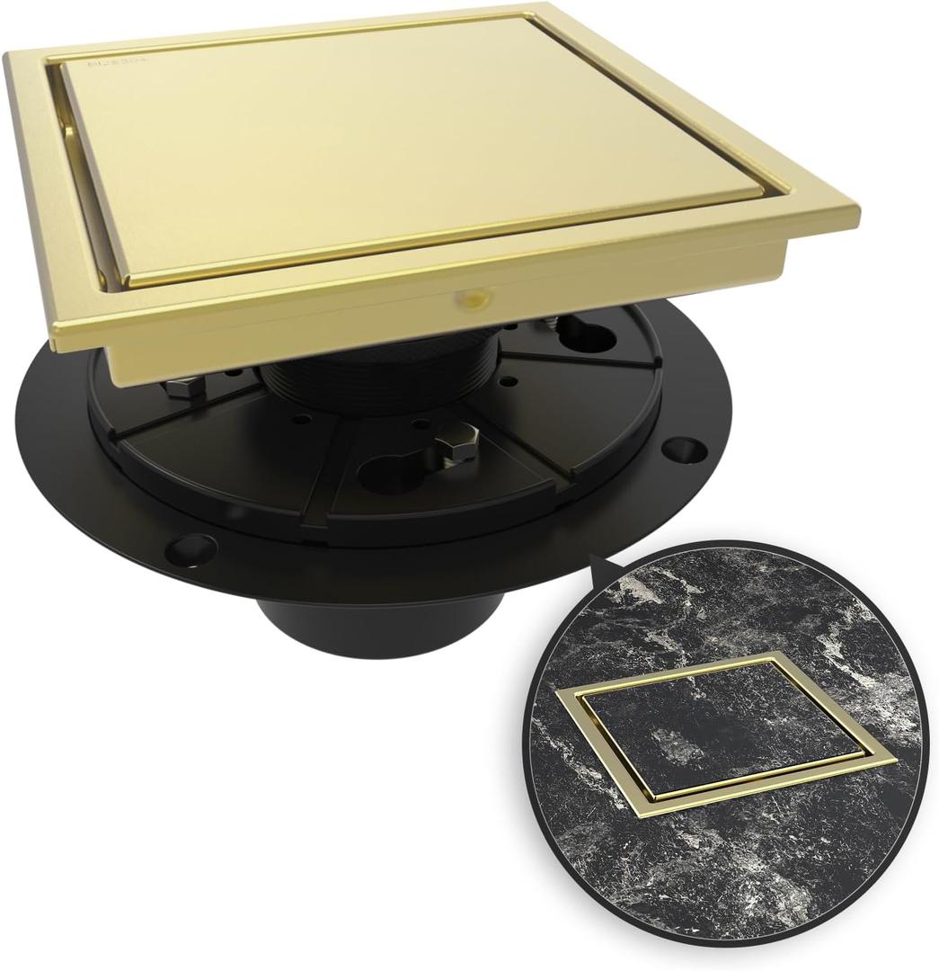 WEBANG 6 Inch Square Shower Drain Gold Floor Drain with Flange Reversible 2-in-1 Cover Tile Insert Grate Removable SUS304 Stainless Steel CUPC Certified Brushed Gold