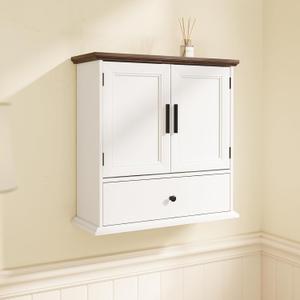 Haotian Bathroom Wall Cabinet with Drawer, Over The Toilet Storage Cabinet with Adjustable Shelf and Doors, Floating Medicine Cabinet Organizer for Small Bathroom Spaces, White & Brown BZR220-WN