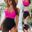 Blooming Jelly Women One Piece Swim Dress Tummy Control Swimsuits Slimming Mesh Sheer Sarong Wraps Bathing Suit (Pink, L)
