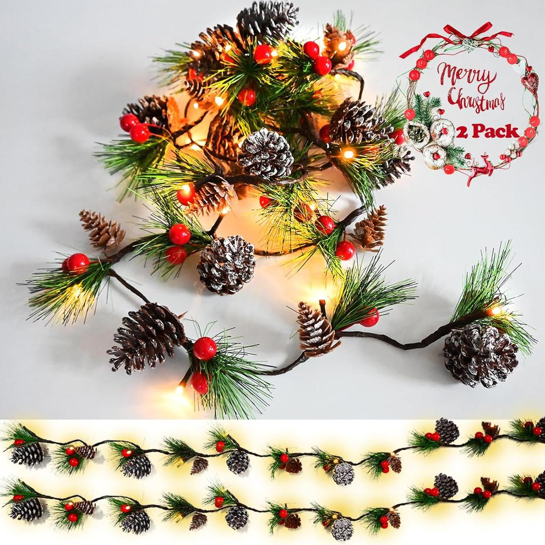 Christmas Garland Lights 2 Pack Holiday Prelit Garlands 13FT 40LED Pine Cone Garland Light with Red Berry Upgraded Battery Operated Garland with Lights Xmas Decor Lights for Outdoor Indoor Christmas