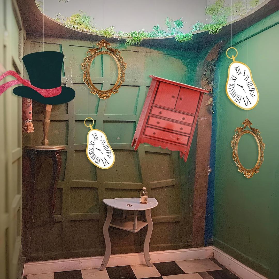 Soulchen 20 Pcs Wonderland Tea Party Decoration Hanging Banner Wonderland Cabinet Mirror Hat Clock Garland Decoration Background for Birthday Baby Shower Party Supplies