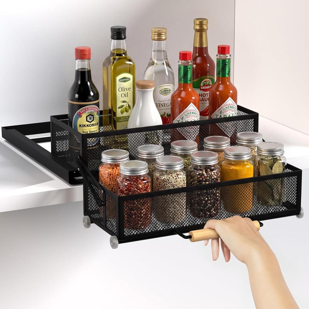 HOUSE AGAIN Pull Out Cabinet Organizer, Recessed 2Tier Drop Down Storage for High/Deep Cabinets, Compact 12Inch Hidden Organizer for Spices, Snacks and Small Bottles (Black)