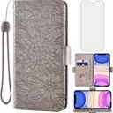 Compatible with iPhone 13 Pro 6.1 inch Wallet Case and Tempered Glass Screen Protector Card Holder Stand Magnetic Leather Phone Cover for iPhone13Pro 5G i i-Phone i13 iPhone13 13Pro Women Men Grey