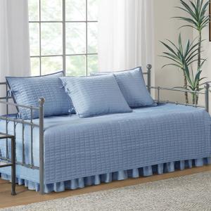 Comfort Spaces Daybed Cover- Luxe Double Sided -Quilting, All Season Cozy Bedding with Bedskirt, Matching Shams, 75'x39' Blue 5 Piece