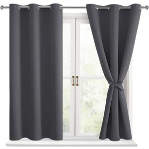 Hiasan Short Blackout Curtains for Bedroom - Thermal Insulated & Light Blocking Window Curtains for Living Room, 2 Drape Panels Sewn with Tiebacks, Dark Grey, 42 x 45 Inch