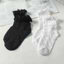 Ksriylm 4 Pairs Women's Ruffle Ankle Socks,Cute Lace Turn Cuff Bow Frilly Dress Socks, Casual Comfortable Cotton Princess Calf Socks for Women Ladies, Black White