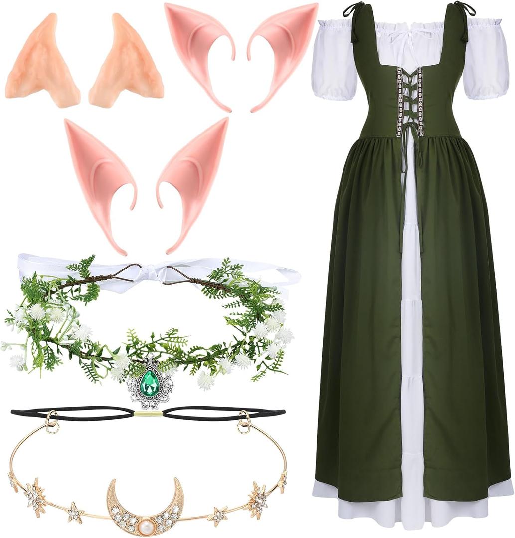 Bonuci 6 Pcs Women Renaissance Costume Fairy Dress Medieval Costume with Elf Ears, Moon Head Chain and Woodland Fairy Crown (X-Small, Light Green)