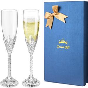 Champagne Flutes - Set of 2 Champagne Glasses,Toasting Flute Pair,Crystal Glasses&Metal Base, Wedding Anniversary, Party Birthday Banquets,Gifts for Bride and Groom 6 oz-Silver