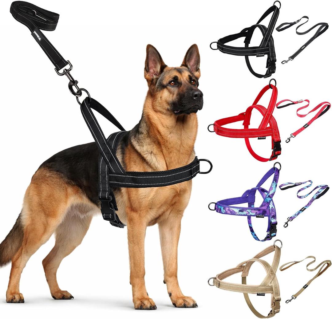 No Pull Dog Harness and Leash Set-Reflective Vest with Handle&5FT Dog Leash with Car Seatbelt Clip,Breathable Mesh&Quick Fit Dog Harness Easy for Medium Large Dogs Training Walking (Black,L)