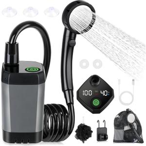 Portable Shower for Camping, [Long-Lasting] Spopal 6000mAh Rechargeable Camping Shower with Intelligent LED Display, 4 Spray Modes, IPX7 Waterproof Outdoor Camp Pump for Hiking, Travel, Car, Pet (Grey)