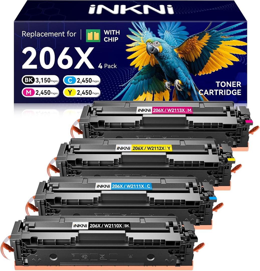 InkNI 206X Toner Cartridges 4 Pack - with Chip Compatible Replacement for HP 206X 206A for Color LaserJet Pro MFP M283fdw M283cdw M283fdn M282nw Pro M255dw M255nw Ink Cartridges W2110X W2110A
