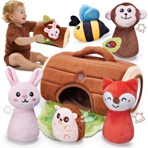 Baby Toys 6-12 Months, Stuffed Animals for Babies, Soft Plush Forest Sensory Toy Set with Rattle, Crinkle, Mirror and Tree Stump Storage, Cause and Effect Baby Boy Girl Gifts