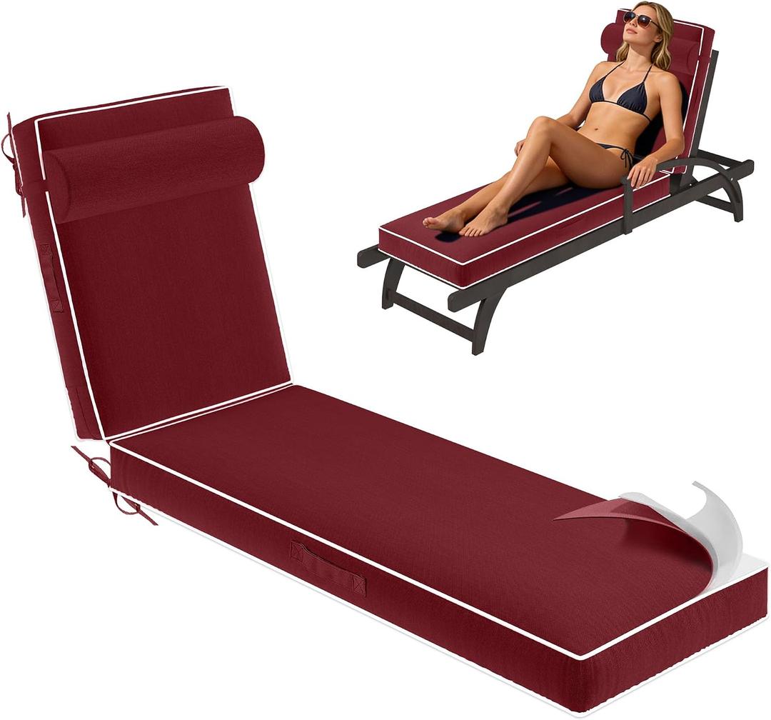 Chaise Lounge Cushions Outdoor 80x26x4 Inch, Patio Lounge Chair Cushions w/High Density Foam, 4 Inch Pool Lounger Cushion w/Removable Cover Handles, Fits Poolside Patio Outdoor Furniture, Red