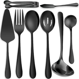8 PCS Stainless Steel Serving Utensils, Large Serving Spoons Slotted Spoons, Forks, Ice Suger Tongs, Cake Server, Soup Ladle, Metal Utensils Set Great for Buffet Catering Banquet Party, Black