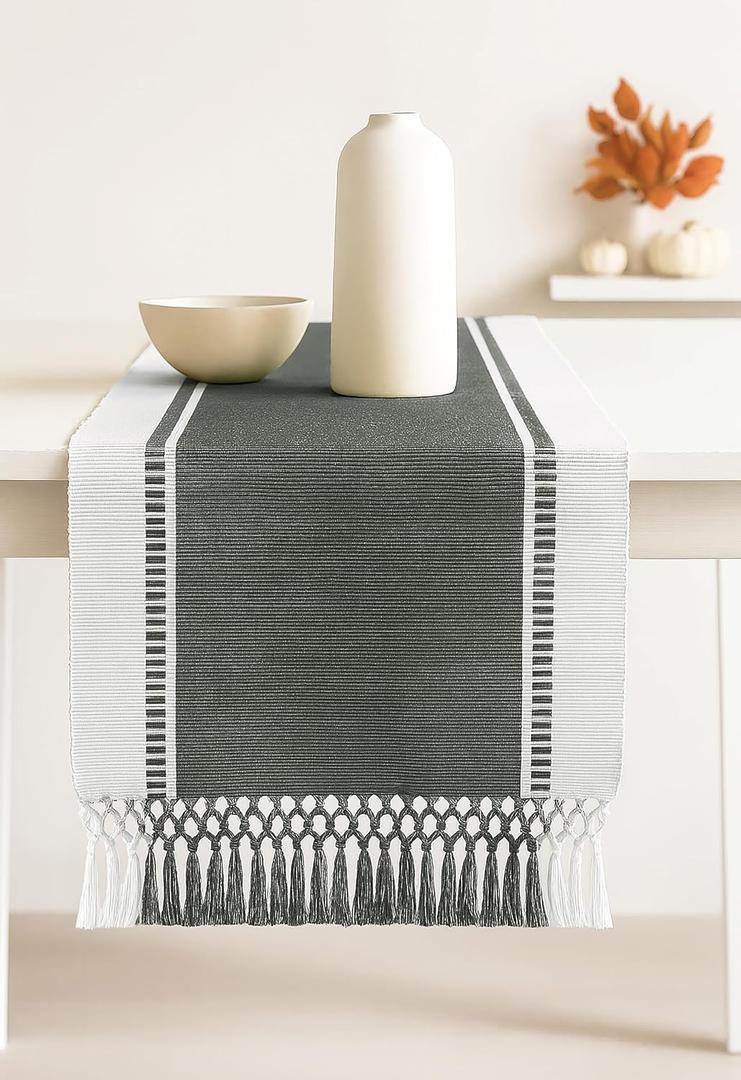 PurpleEssences Table Runner - Wide with Dobby Stripe, Heavy Ribbed Weave & Double Knot Fringes, 14x54 Inch (14x59.5 with Fringes) Farmhouse Decor Spring Easter Summer - Artichoke Green and H.White
