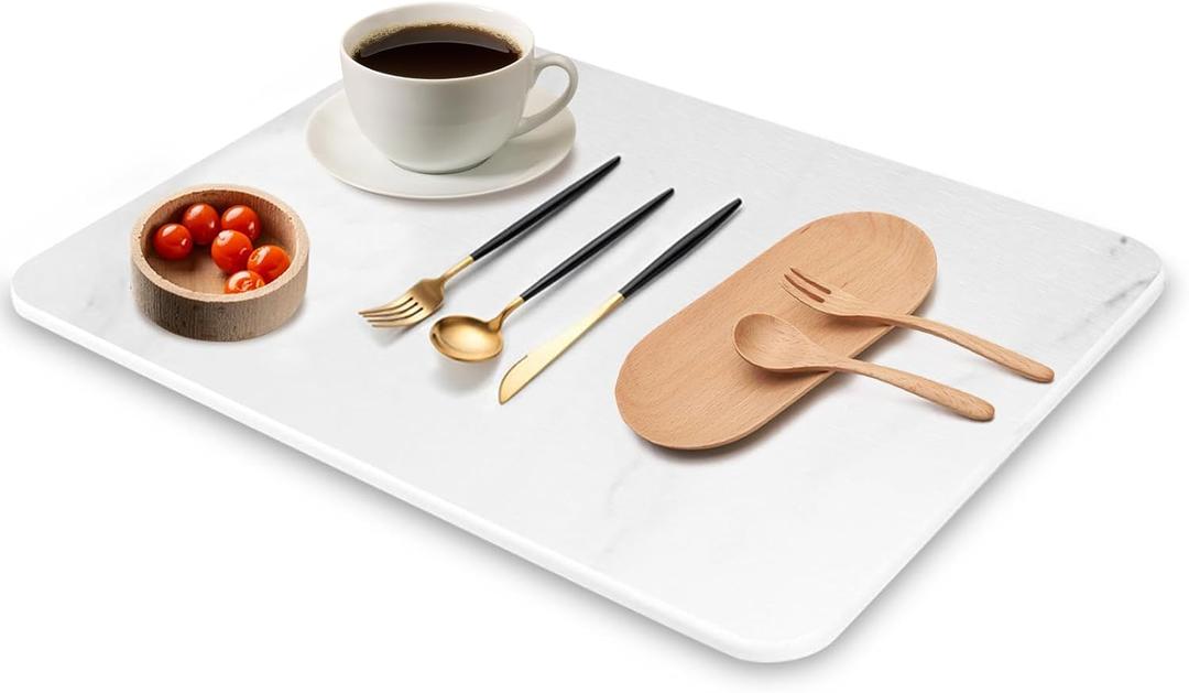 Diatomaceous Earth Stone Drying Mat for Kitchen Counter - White Marble Dish Drying Pad (21.7" X 15.8") - Water Absorbent, Heat Resistant, Non-Slip Mat for Dishes, Cups & Bottles