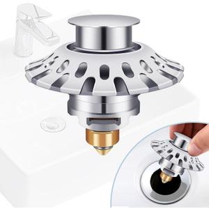 5.0 Upgraded Universal Bathroom Sink Stopper Pop Up, Sink Drain Plug for 1.06-1.80'' Drain Holes, Anti Clogging Sink Drain Filter with Hair Catcher, Bathroom Stainless Steel Sink Catcher Basket