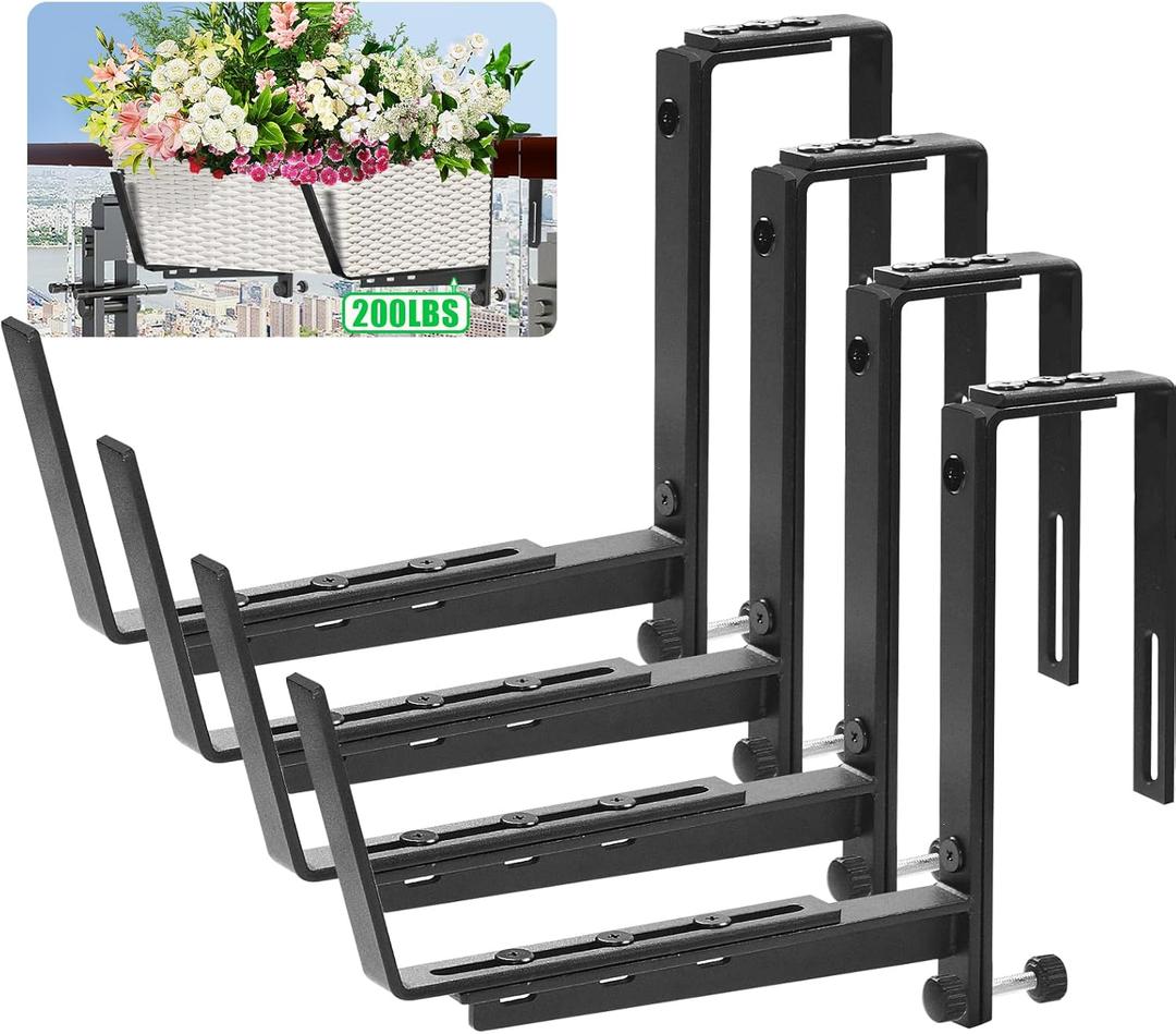 Heavy Duty Window Box Brackets, Adjustable Flower Planter Box Brackets for Railings & Walls, 5mm Reinforced Brace, Enhanced Bottom Support for Balconies, Fences, Gardens, 200LB CAP(4 Packs)