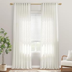 92 Inch Linen Sheer Curtains, Light Filtering Cotton Blend Boho Back Tab Pleated Curtains for Bedroom Living Room, 2 Panel Set, Cream