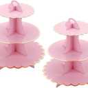 MRPAPA Pink Cardboard Cupcake Stand,2PCS Cup Cake Holder Thick Paper Dessert Tray, 3Tier Round Serving Tray Perfect for Baby Girls Pink and Gold Birthday Baby Shower Party Supplies