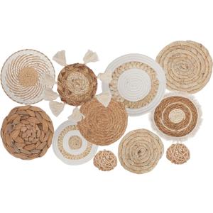 11Pcs Boho Wall Basket Decor, Round Hanging Rattan Wall Decor Flat Woven Basket Wall Hanging Decor, Tassels White Seagrass Wicker Boho Baskets Decoration Art for Farmhouse Bedroom Living Room