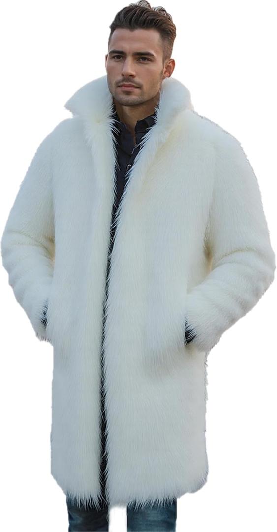 Lisa Colly Men's Faux Fur Coat Jacket Winter Fluffy Coat Outwear Long Parka Overcoat (XX-Large, White)