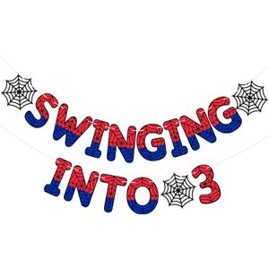 TaoBary Spider Theme 3rd Birthday Banner, Pre-strung Swinging into 3 Banner, Spider 3rd Birthday Decorations Party Supplies for Kids, Third Decor for 3 Year Old Boys Girls( Multicolor)