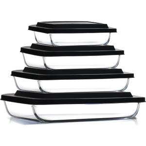 Nestl 8pc Glass Baking Dishes for Oven, Glass Food Storage Containers with Lids, Leakproof Casserole Dishes for Oven with Lid, Cooking, Microwave Oven Freezer Safe Bakeware, 9x13 Lasagna Pan Black (4 Pack)