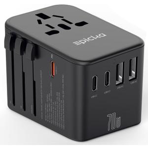 EPICKA Universal Travel Adapter, GaN International Plug Adapter with 3 USB-C 70W PD Fast Charging & 2 USB-A Adaptor All-in-one Wall Charger for USA EU UK AUS (TA-105 Pro, Black)