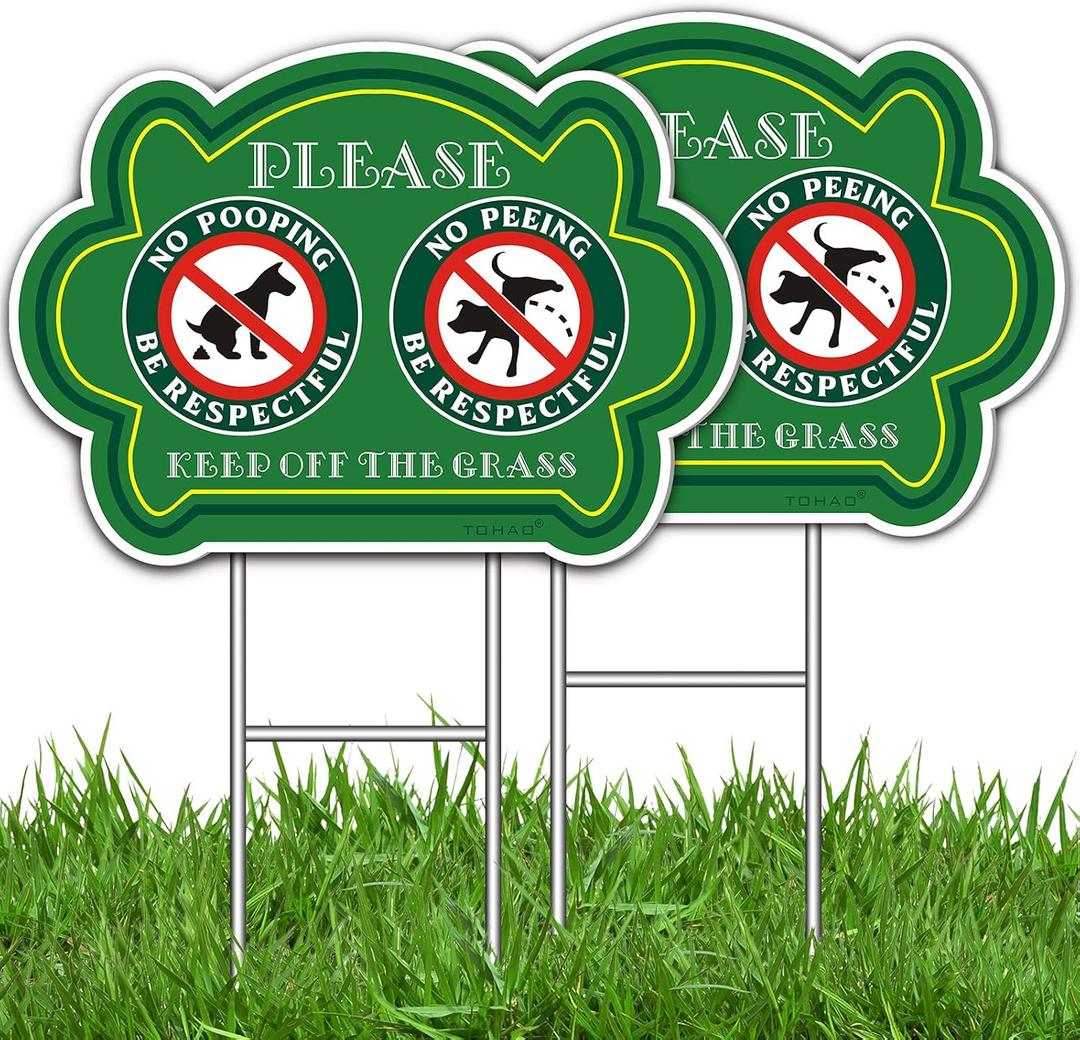 TOHAO No Peeing and No Pooping Dog Sign 2 Pack, Double Sided Please Be Respectful Keep Off The Grass Yard Signs with Metal Wire H-Stakes, 14" x 10", UV Protected & Waterproof, Outdoor Use