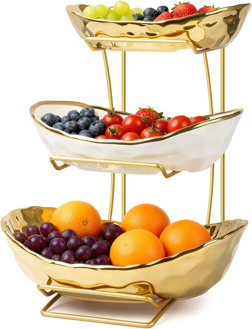 Fruit Bowl for Kitchen Counter with Metal Stand, 3 Tier Fruit Basket for Counter, White Gold Ceramic Fruit Bowl, Detachable Rack for Fruit Vegetable Snack Dessert Storage (Gold)