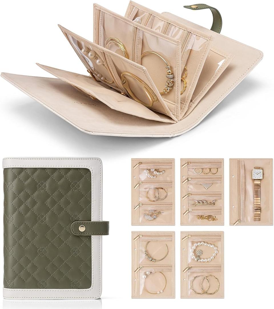 Vlando Travel Jewelry Organizer Case, Mom Gifts from Daughter, Jewelry Storage Book Ring Binder with Clear Zipper Velvet Jewelry Pouch Bag, Travel Essentials for Rings, Necklace, Earrings-Olive Green