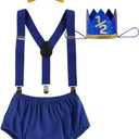 IBTOM CASTLE Baby Boy 1/2 Birthday Cake Smash Outfit Diaper Cover+Suspenders+Bow Tie+Crown Newborn Photography Clothes Set (6-12 Months, Royal Blue+ Yellow Bowtie)