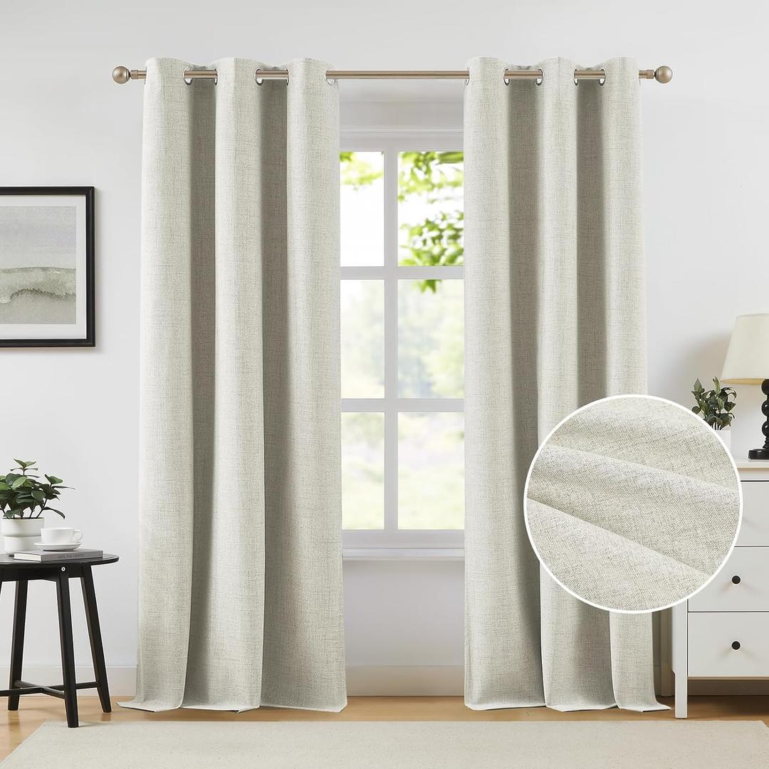 Melodieux Natural Linen Blackout Curtains 84 Inch Length 2 Panels Set, Thermal Insulated Light Blocking Grommet Curtains for Bedroom Living Room, Elegant Farmhouse Burlap Textured Drapes, 42x84 inch