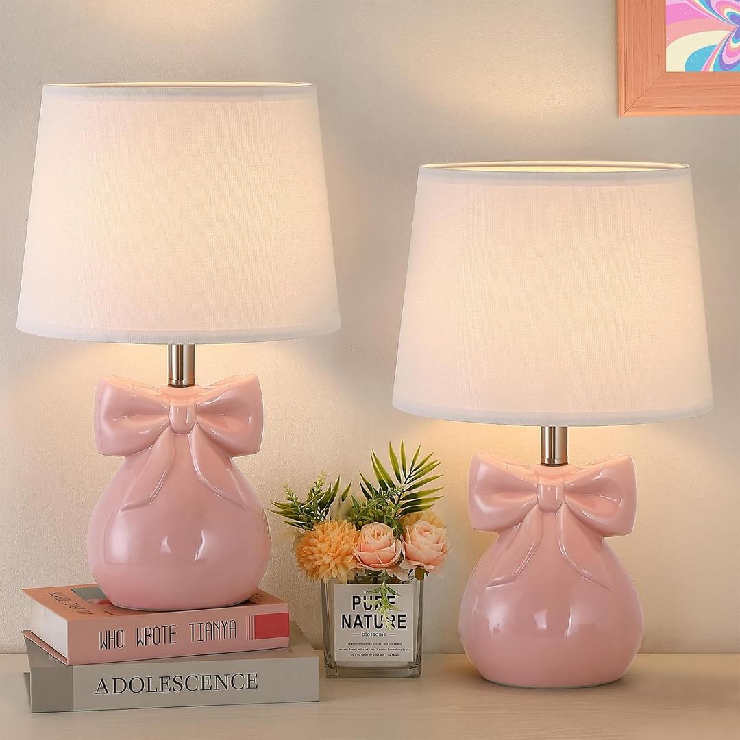Pink Bow Table Lamps Set of 2 for Girl's Room, 19" Ceramic Cute Lamps for Bedroom, Classic Bedside Lamps for Nightstand, Modern Table Lamp for Living Room with Rotary Swtich (Bulbs Included)